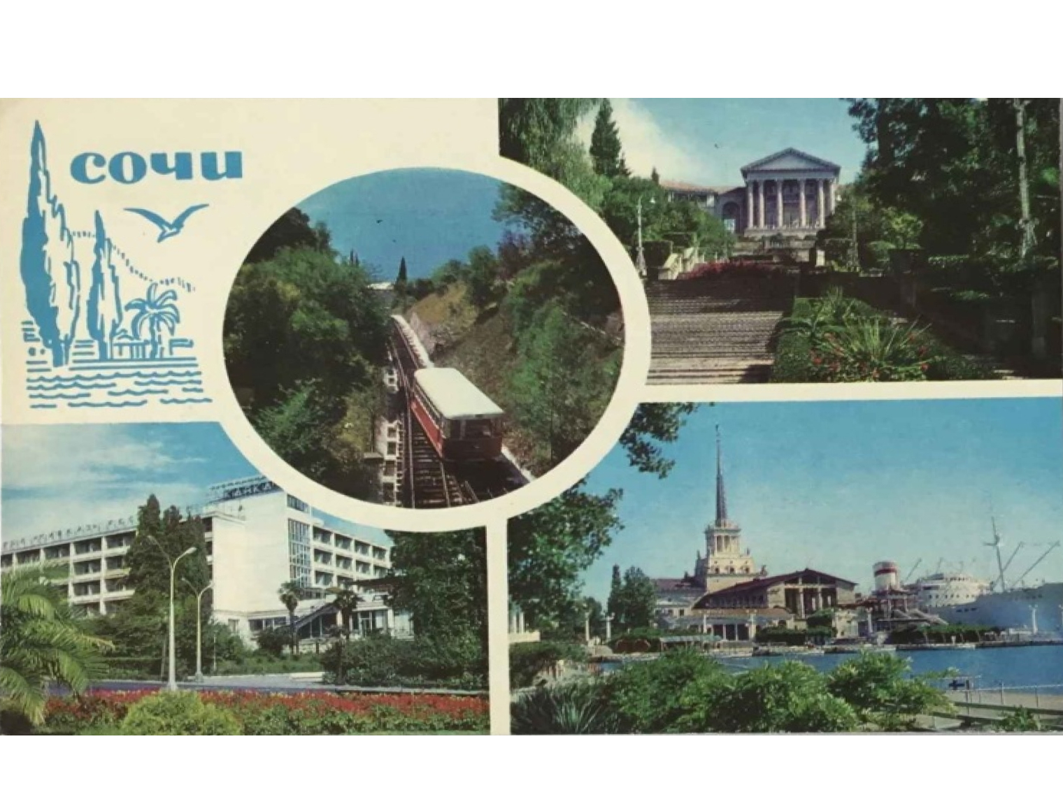 Открытка, отправленная из Сочи в 1973 году. Подпись: «Тамара Васильевна, здесь отражена настоящая действительность, что мы видим сейчас, только нет красных цветов. В этих местах во время экскурсий мы были». © Пишу тебе